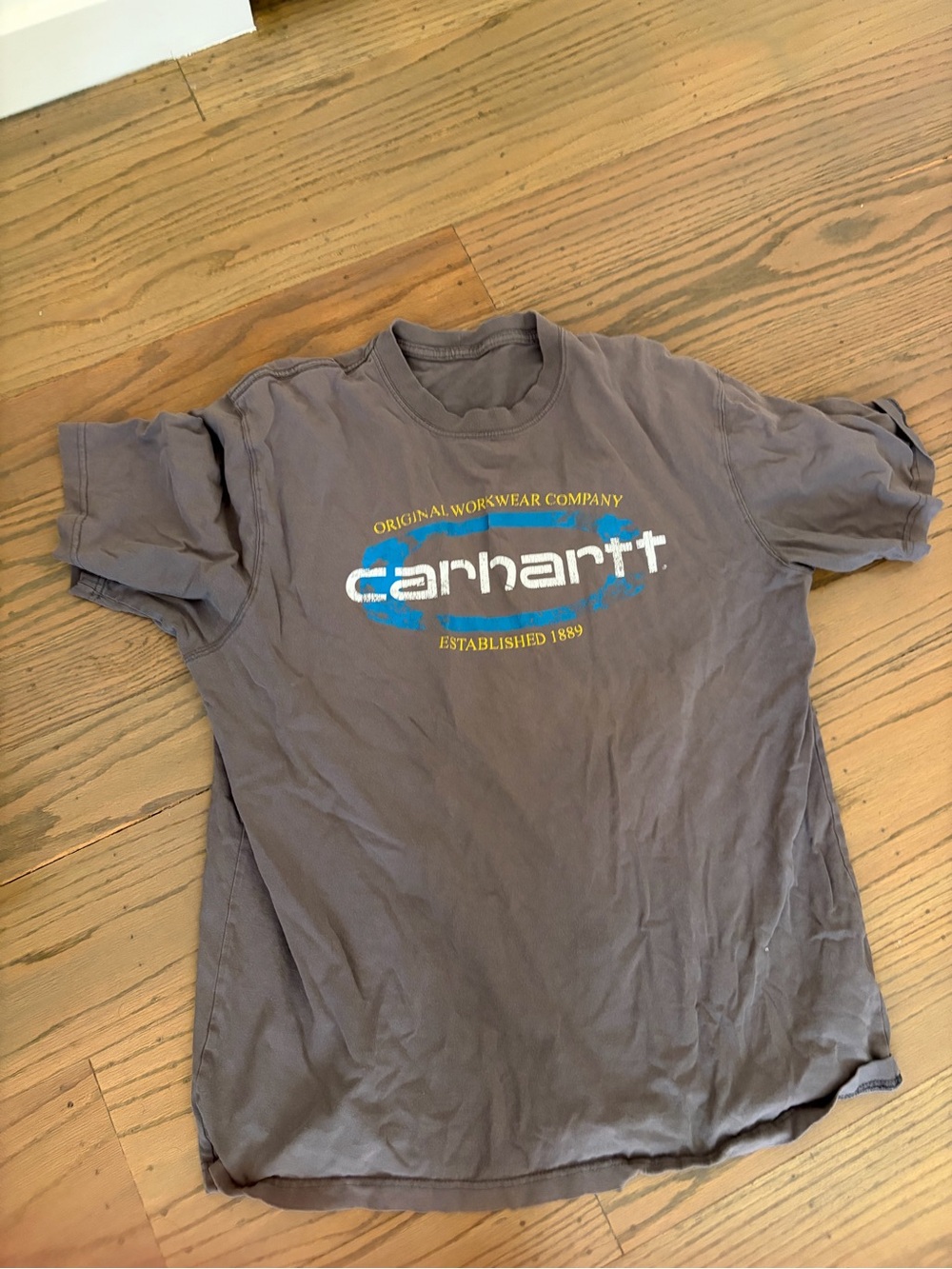 Carhartt Short-Sleeve Logo Tee in Brown with Blue & Yellow Accents